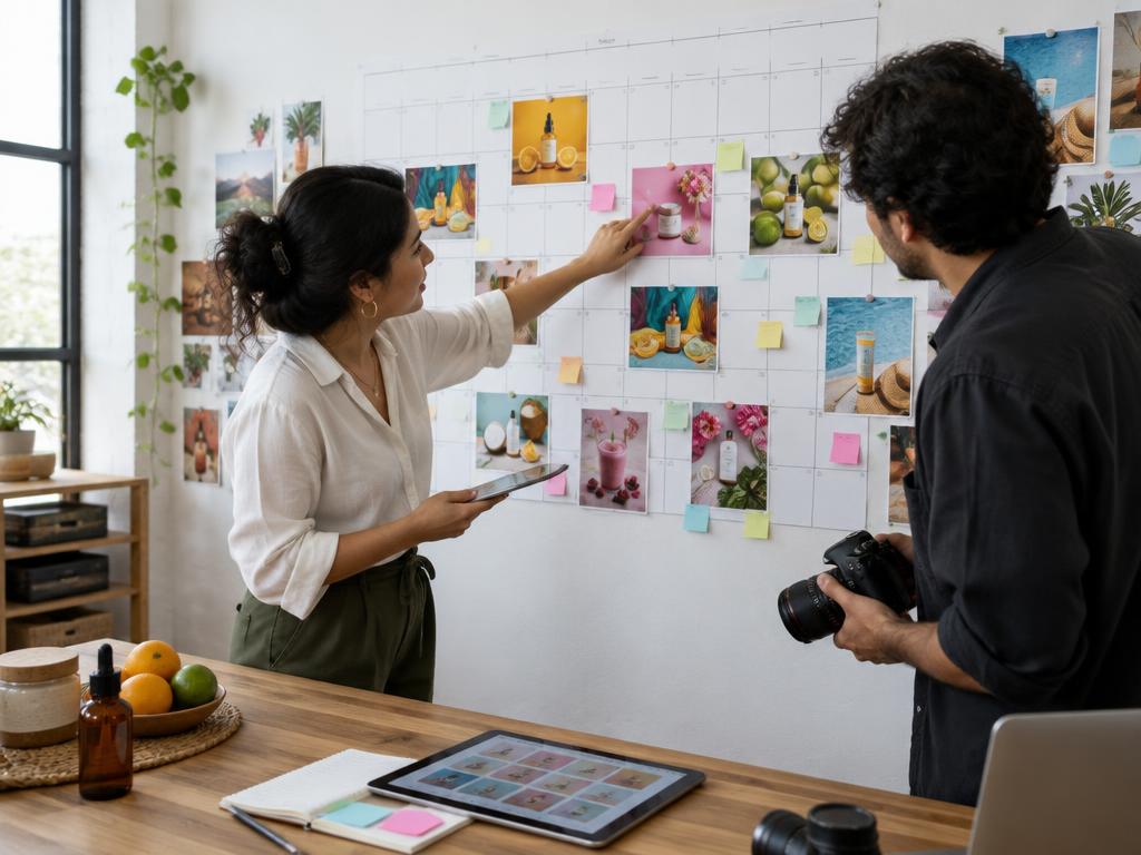 Profesionales organizando fotografías en un calendario